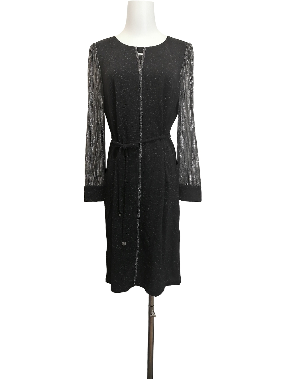 🐨 Black Metallic-Trim Long Sleeve Belted Dress